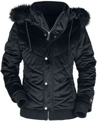 Velvet winter jacket with faux-fur hood, Black Premium by EMP, Vinterjakke