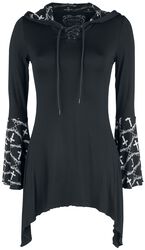 Gothicana X Anne Stokes - Black Long-Sleeve Top with Lacing, Print and Large Hood, Gothicana by EMP, Langærmet