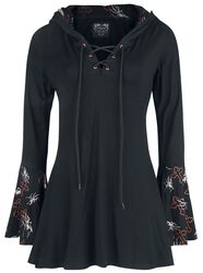 Gothicana X Anne Stokes - Black Long-Sleeve Top with Lacing, Print and Large Hood, Gothicana by EMP, Langærmet