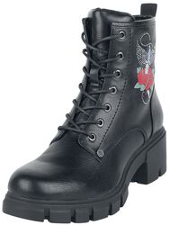 Black lace-up boots with rose print and rhinestones, Rock Rebel by EMP, Støvle
