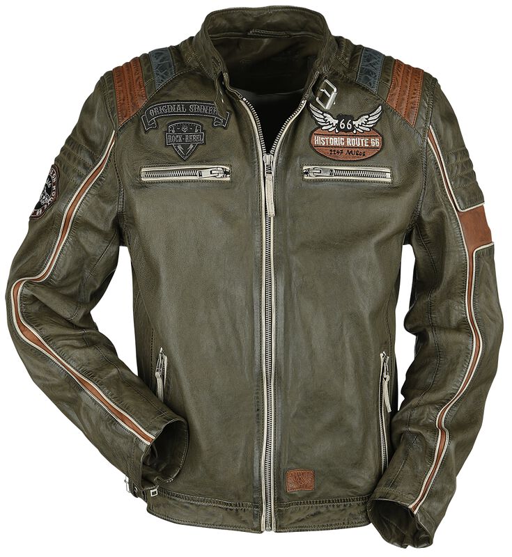 Rock Rebel X Route 66 - Green Leather Jacket with Contrasting-Coloured Details