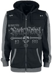 Black Hooded Jacket with Rock Rebel and Skull Prints, Rock Rebel by EMP, Hættetrøje med lynlås