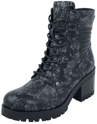 Black Lace-Up Boots with Skull & Roses Pattern and Heel