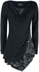 Black Long-Sleeve Shirt with Waterfall Neckline and Print, Black Premium by EMP, Langærmet