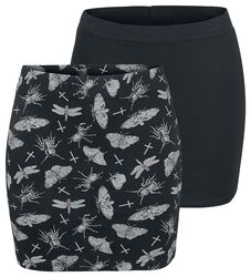 Double Pack of Black Skirts in Block Colour and with Print, Gothicana by EMP, Kort nederdel