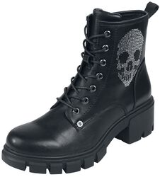 Black Lace-Up Boots with Rhinestone Skull, Rock Rebel by EMP, Støvle